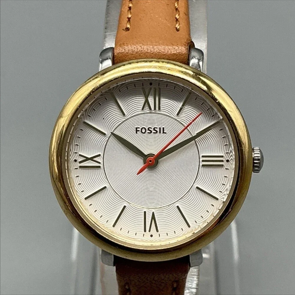 Fossil ES3791 Womens Watch 27mm Silver Dial Gold Tone Brown Leather New Battery